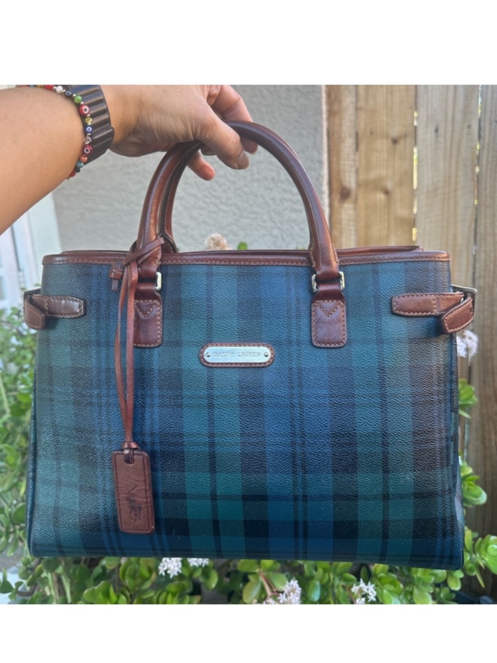RALPH LAUREN Vintage Blue and Green Plaid Tote